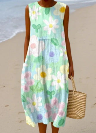 Printed Pocket Elegant Long Dress, Slim-Fit Fresh-Casual Dress