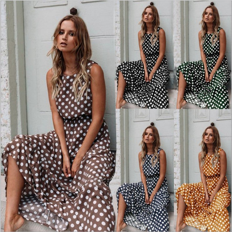 Printed Polka Dot Round Neck Long Dress