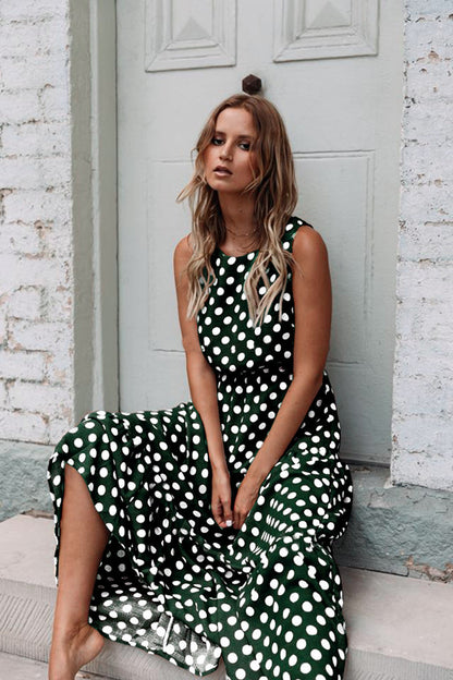 Printed Polka Dot Round Neck Long Dress