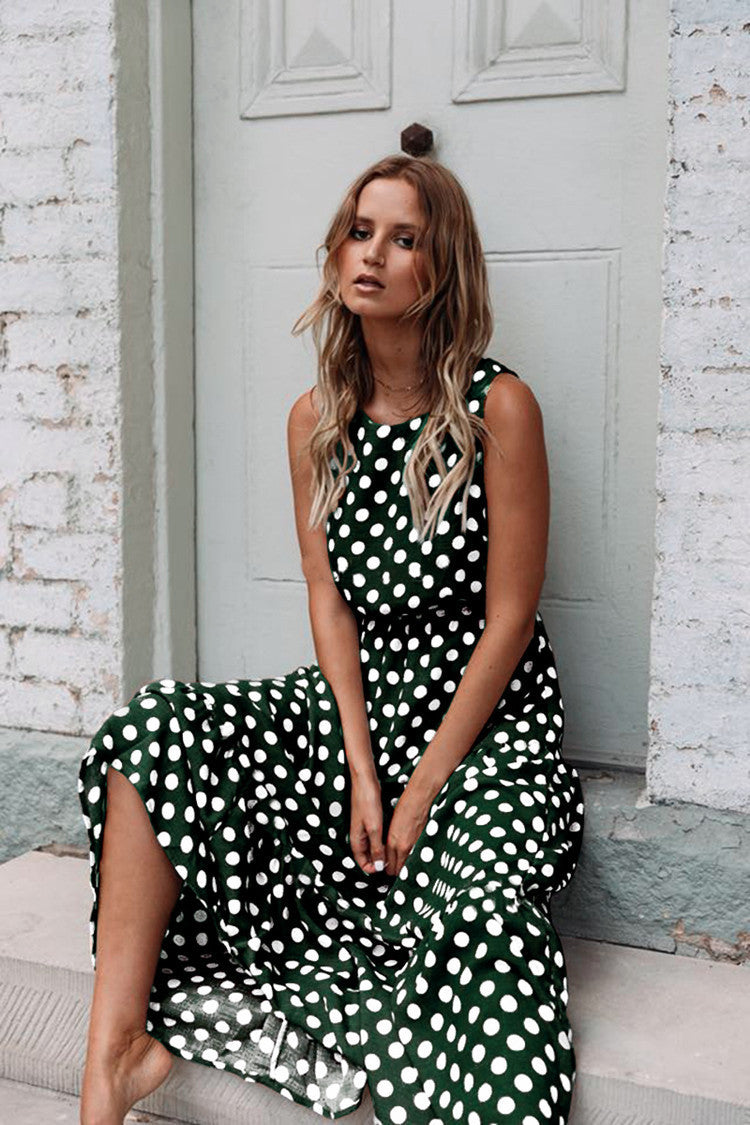 Printed Polka Dot Round Neck Long Dress
