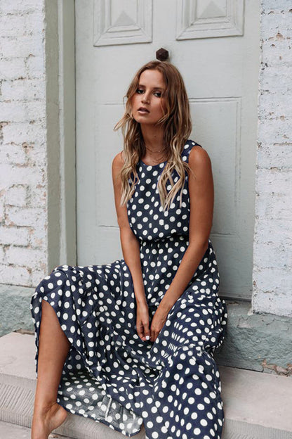 Printed Polka Dot Round Neck Long Dress