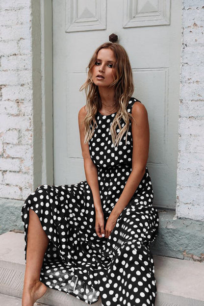 Printed Polka Dot Round Neck Long Dress