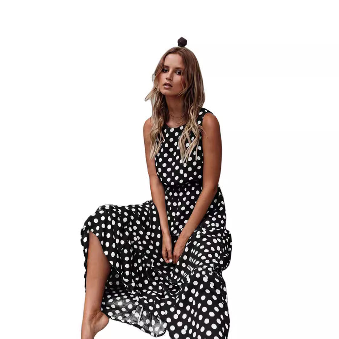 Printed Polka Dot Round Neck Long Dress