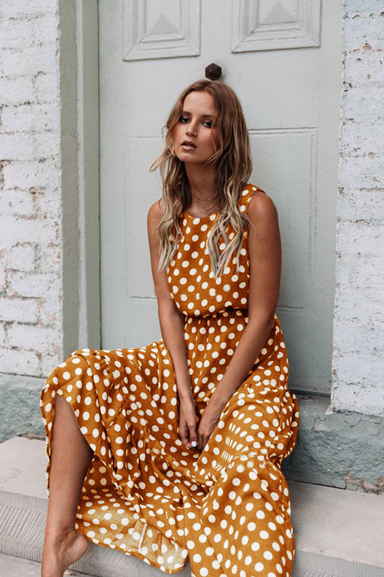 Printed Polka Dot Round Neck Long Dress