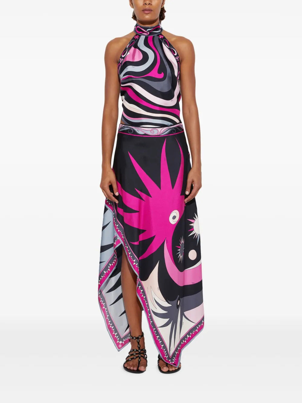 Printed satin backless top and skirt set