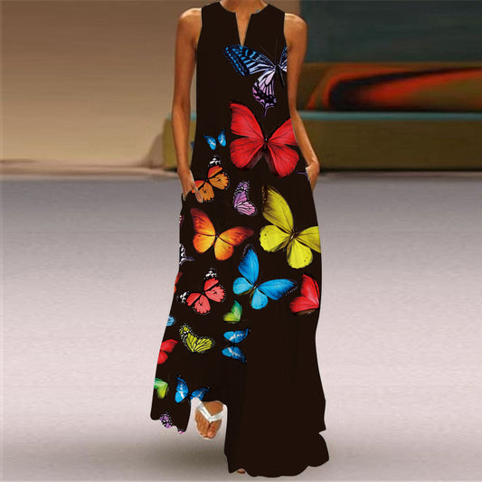Printed sexy long dress with a pocket