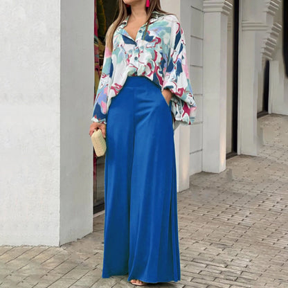 Printed Shirt and Wide Leg Pants Casual Suit