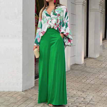 Printed Shirt and Wide Leg Pants Casual Suit