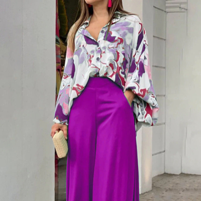 Printed Shirt and Wide Leg Pants Casual Suit
