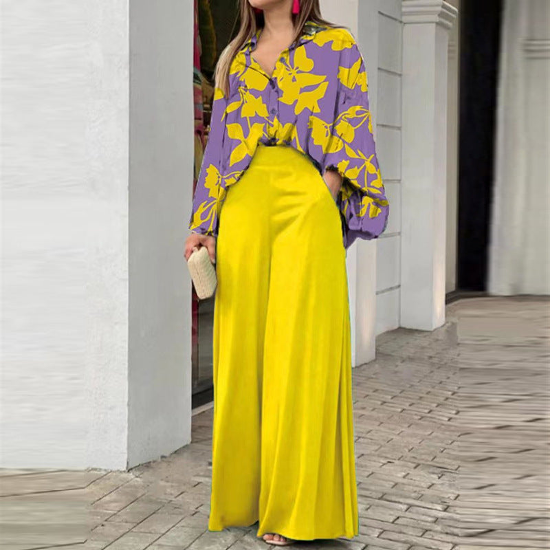 Printed Shirt and Wide Leg Pants Casual Suit