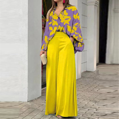Printed Shirt and Wide Leg Pants Casual Suit