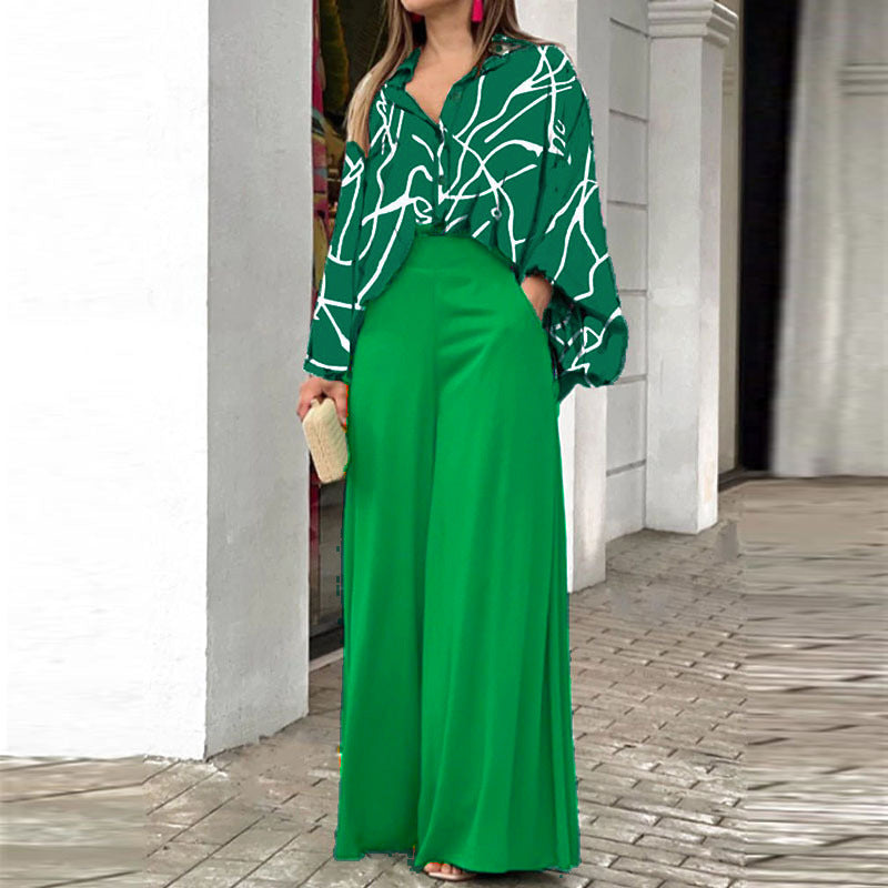 Printed Shirt and Wide Leg Pants Casual Suit