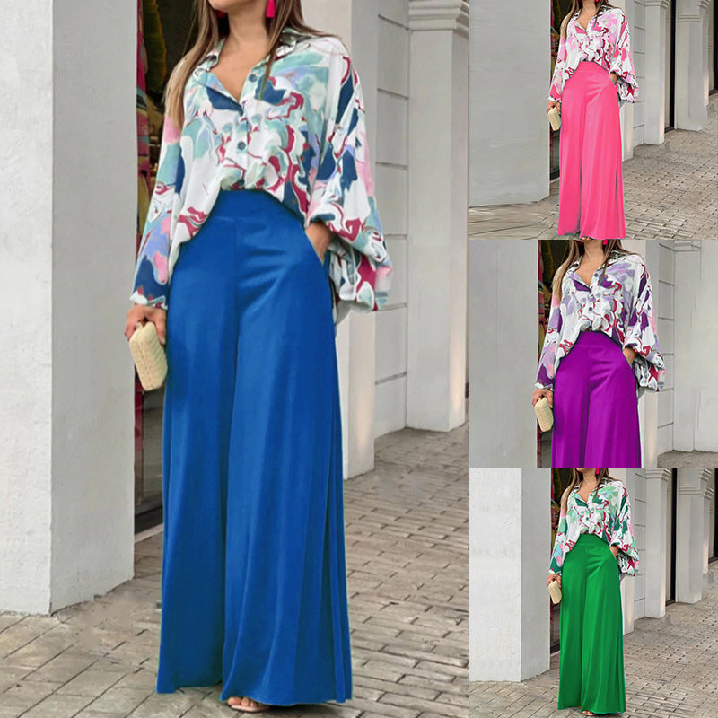 Printed Shirt and Wide Leg Pants Casual Suit