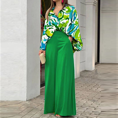 Printed Shirt and Wide Leg Pants Casual Suit