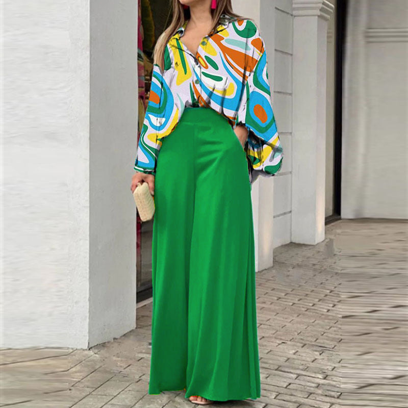 Printed Shirt and Wide Leg Pants Casual Suit