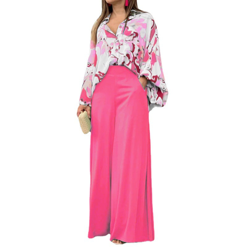 Printed Shirt and Wide Leg Pants Casual Suit