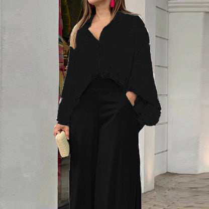 Printed Shirt and Wide Leg Pants Casual Suit