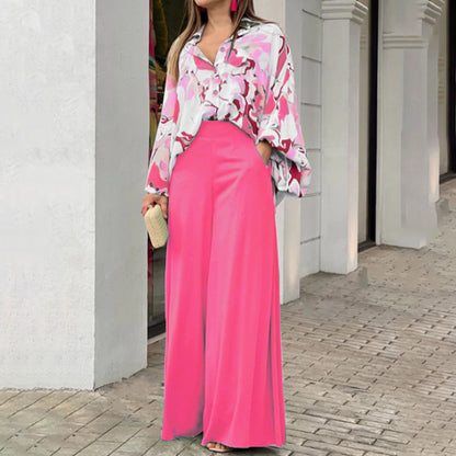 Printed Shirt and Wide Leg Pants Casual Suit