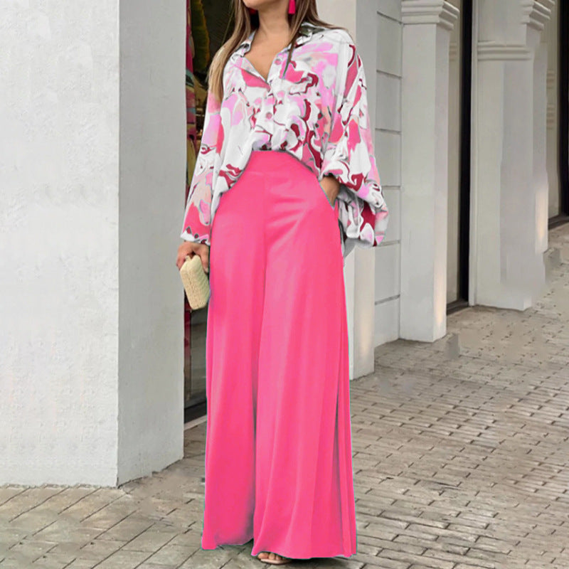 Printed Shirt and Wide Leg Pants Casual Suit