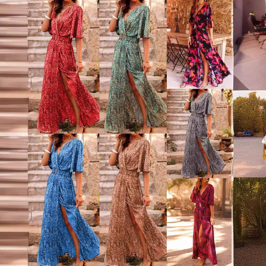 Printed Short-Sleeve Oversized Flare Dress