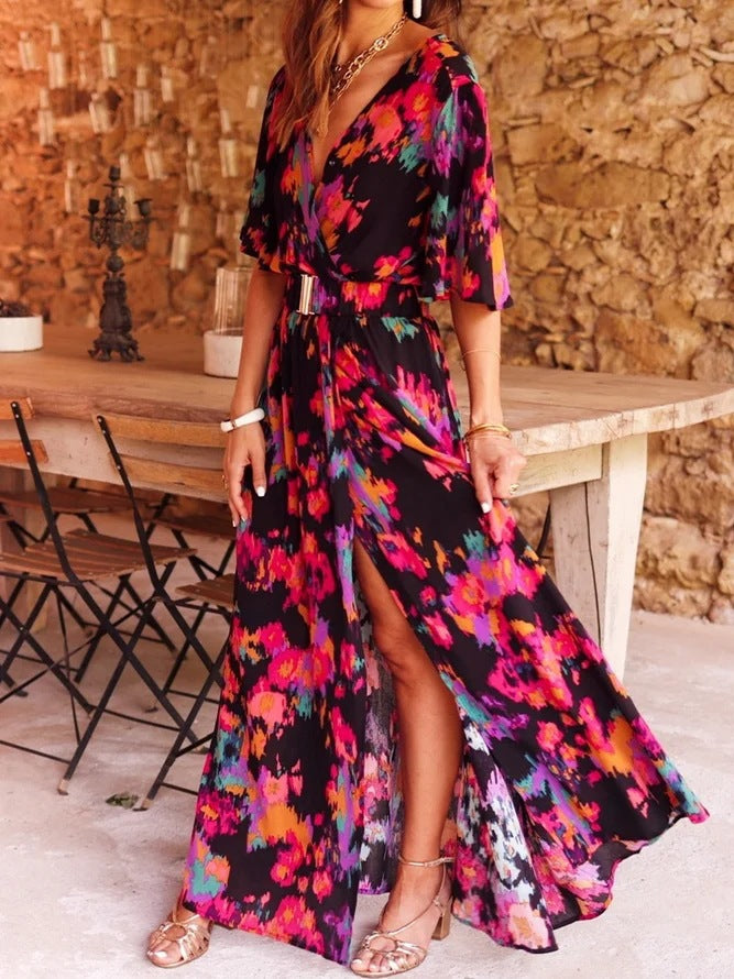 Printed Short-Sleeve Oversized Flare Dress