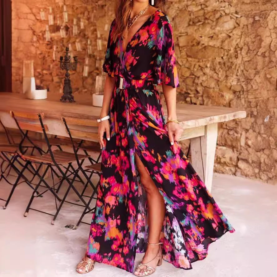 Printed Short-Sleeve Oversized Flare Dress