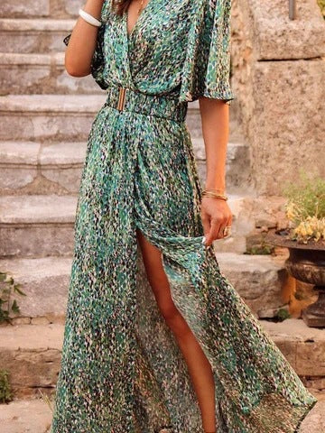 Printed Short-Sleeve Oversized Flare Dress