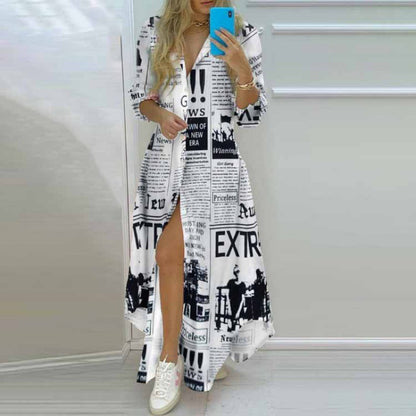 Printed single-breasted slit shirt dress