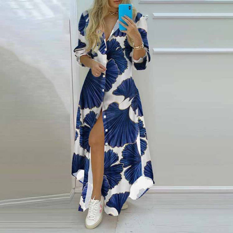 Printed single-breasted slit shirt dress