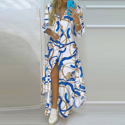 Printed single-breasted slit shirt dress
