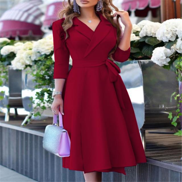 Printed Suit Collar Tie Waist Dress