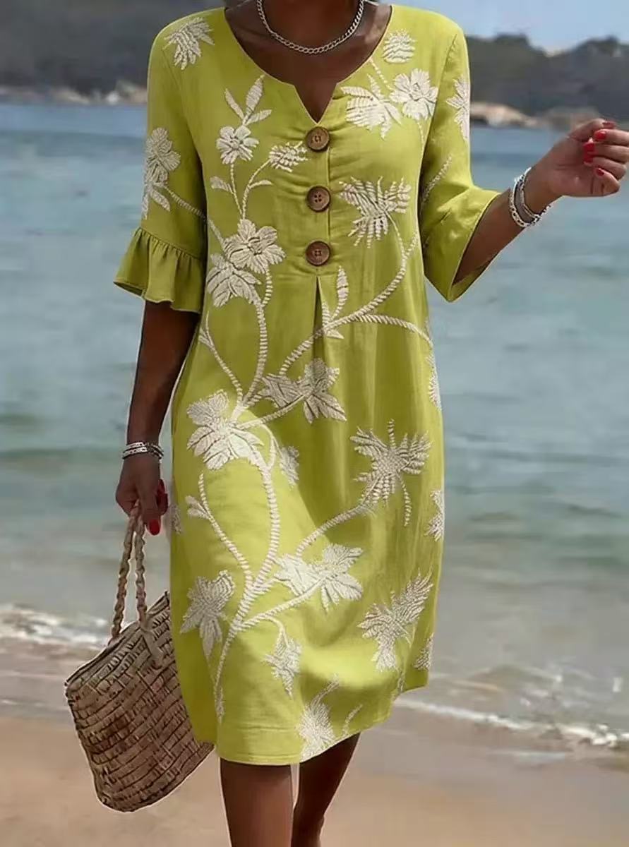 Printed V-Neck Loose Dress