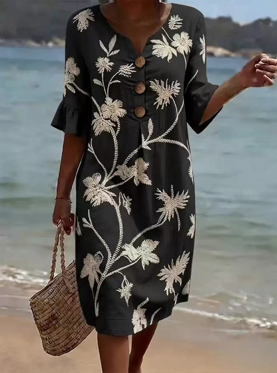 Printed V-Neck Loose Dress