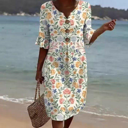 Printed V-Neck Loose Dress
