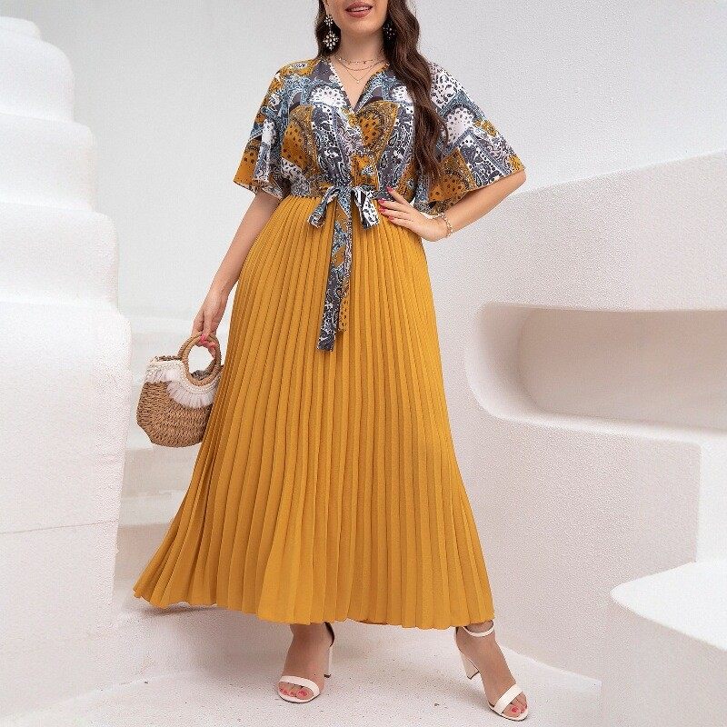 Printed V-neck patchwork dress