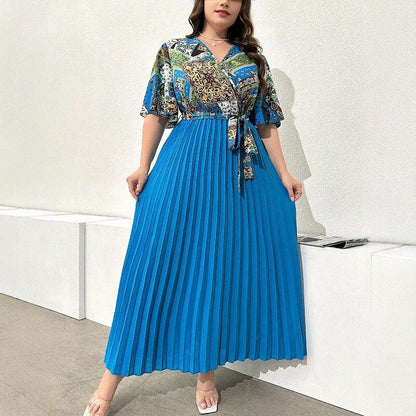 Printed V-neck patchwork dress