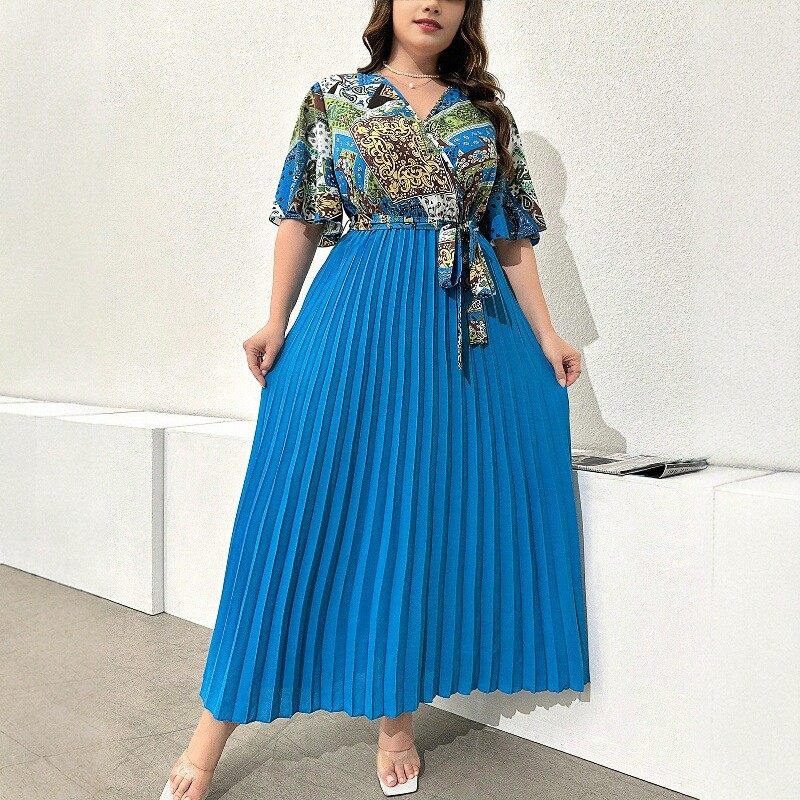 Printed V-neck patchwork dress