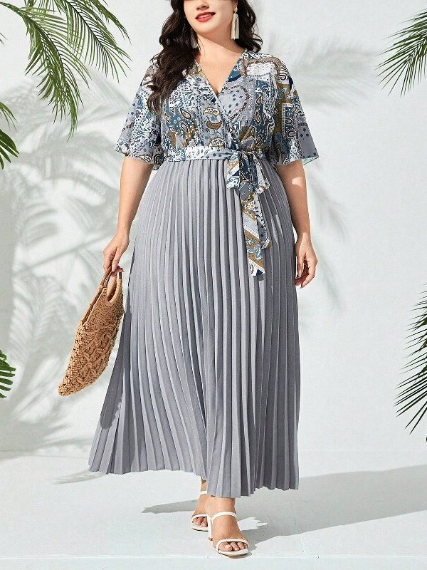 Printed V-neck patchwork dress