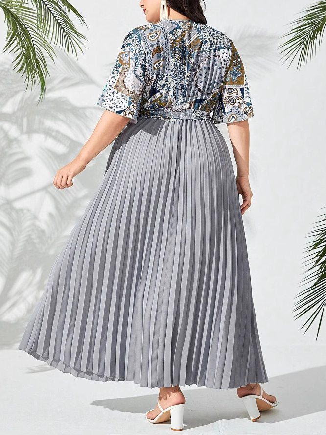 Printed V-neck patchwork dress