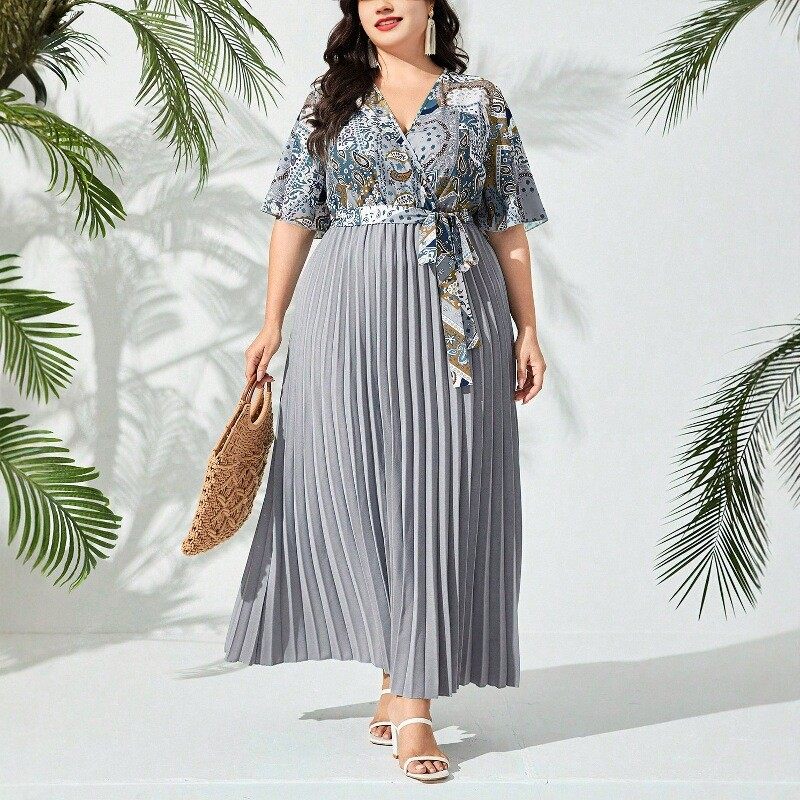 Printed V-neck patchwork dress