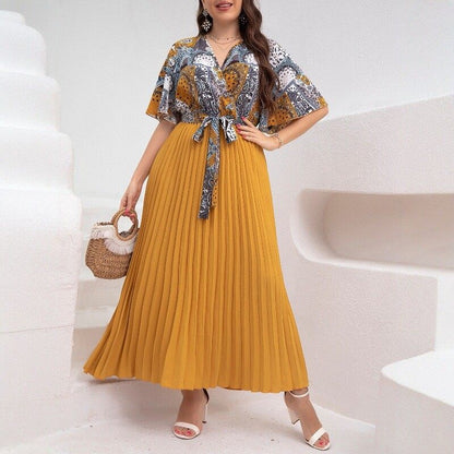 Printed V-neck patchwork dress