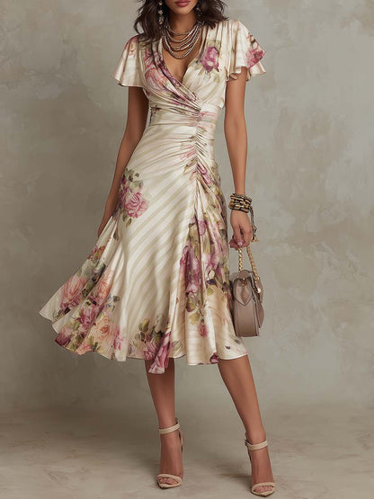 Printed V-Neck Ruffle Hem A-Line Dress