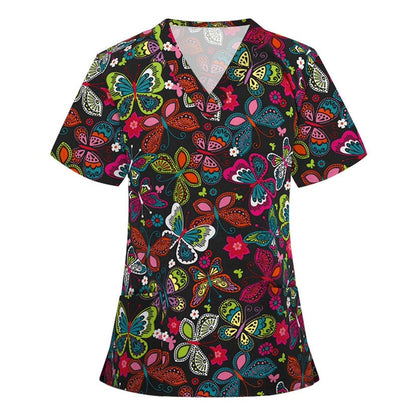 Printed V-Neck Short Sleeve Nurse Uniform Set