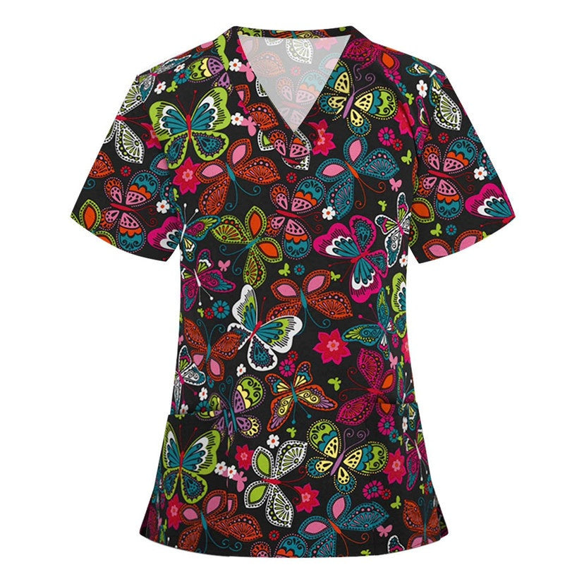 Printed V-Neck Short Sleeve Nurse Uniform Set