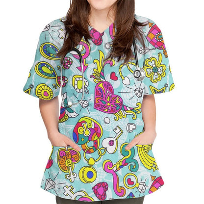 Printed V-Neck Short Sleeve Nurse Uniform Set