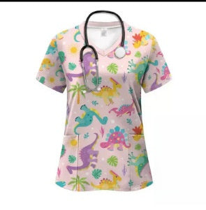 Printed V-Neck Short Sleeve Nurse Uniform Set