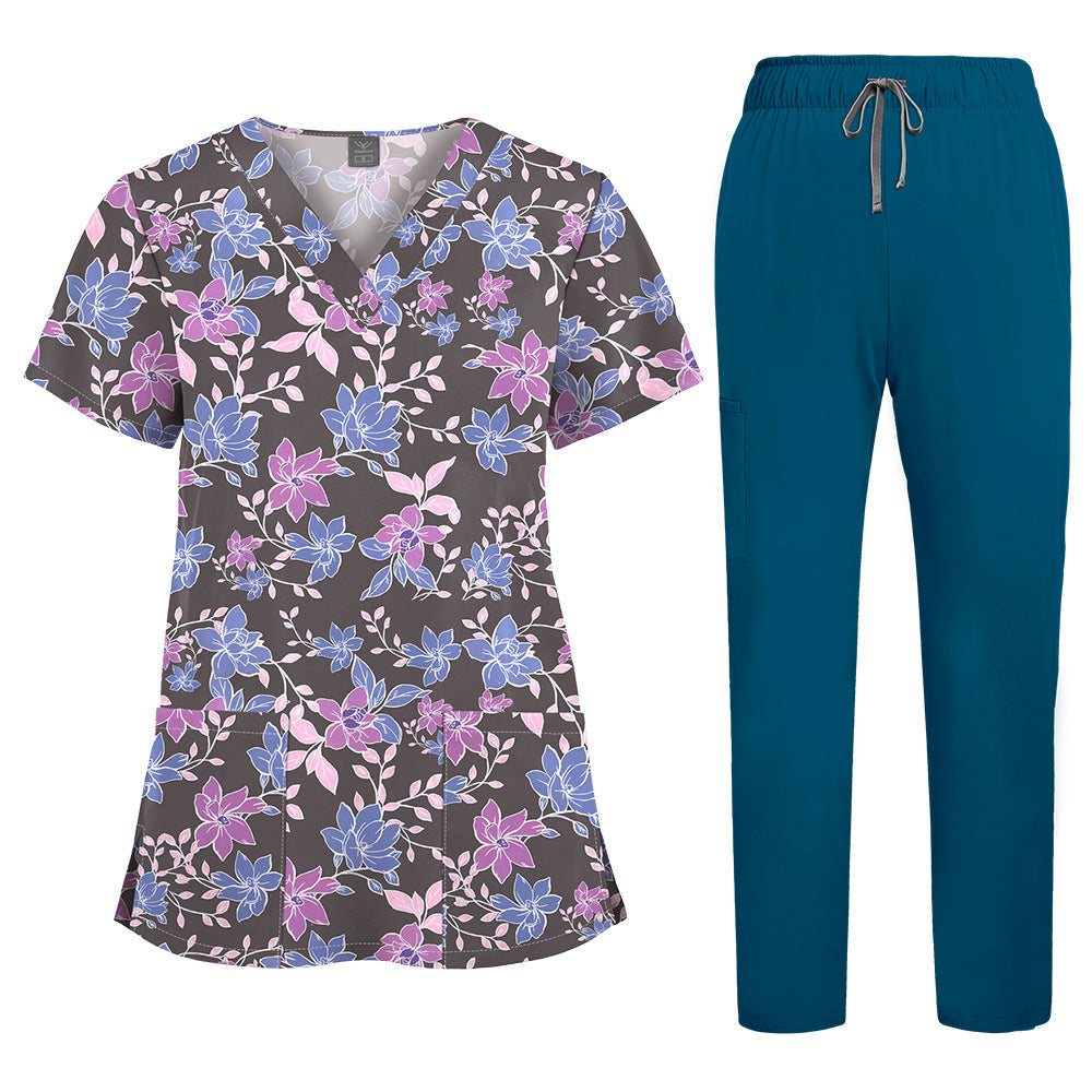 Printed V-Neck Short Sleeve Nurse Uniform Set