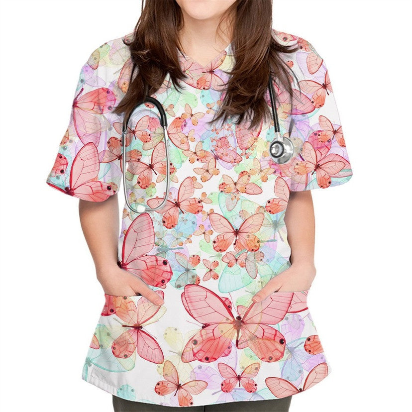 Printed V-Neck Short Sleeve Nurse Uniform Set