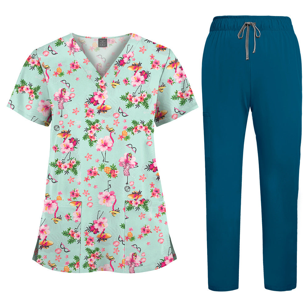 Printed V-Neck Short Sleeve Nurse Uniform Set