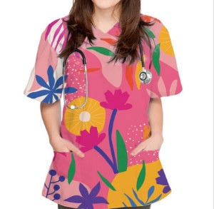 Printed V-Neck Short Sleeve Nurse Uniform Set